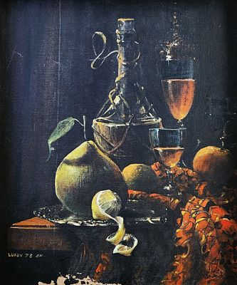 יורם לוקוב (1940-2026), שמן על בד, טבע דומם, 47X38ס"מ, חתום ומתוארך 1978. יצירה מוקדמת 