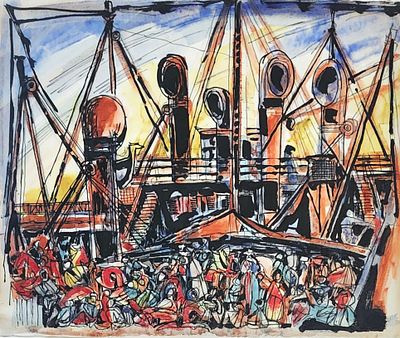 מרסל ינקו (1895-1984), גואש ואקוורל על נייר, מפליגים, 42X33ס"מ, לא חתום. נקנה ע"י המוכר בתירוש 