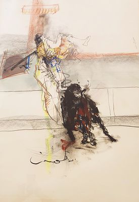 אורי ליפשיץ (1936-2011), שמן, גואש ועפרונות צבעוניים על נייר, השור מנצח בקרב, 110X75ס"מ, חתום. 