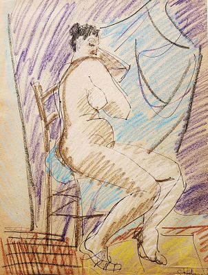 שמשון הולצמן (1907-1986), פסטל ופנדה על נייר, עירום, 63X47ס"מ, חתום. מיוחדת.