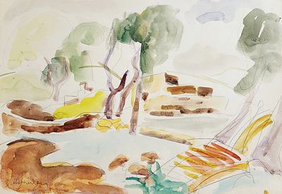 שמשון הולצמן (1907-1986), צבעי מים על נייר, נוף ומים, 50X35ס"מ, חתום.
