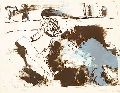 אורי ליפשיץ (2011 - 1936), ליטוגרפיה, מסדרת מלחמת השוורים, 65X52ס"מ, חתום וממוספר 3/30. ממוסגר.