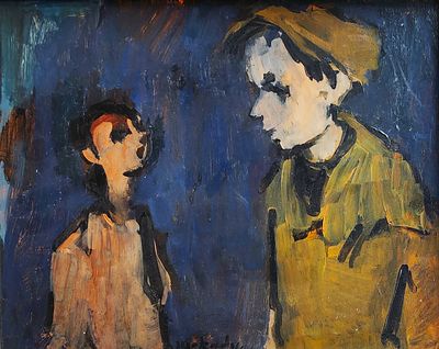 משה מוקדי (1902-1975), שמן על לוח, דמויות, 33X26ס"מ, חתום.