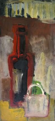 משה קופפרמן (1926-2003), טבע דומם, שמן על לוח, 39X18ס"מ, ציור חשוב ומוקדם של האמן. משנות 