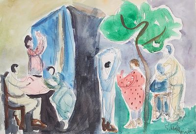 שמשון הולצמן (1907-1986), צבעי מים על נייר, מפגש חברתי בחיק הטבע, 50X35ס"מ, חתום.