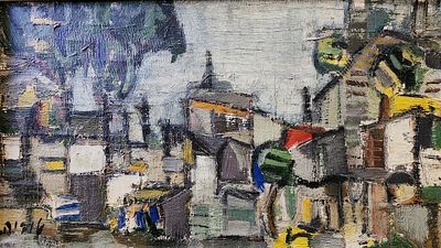 טוביה בארי (1929-2022), שמן על לוח, נוף עירוני מופשט, 45X25ס"מ, חתום. עבודה נדירה ומוקדמת של 
