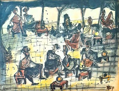 מרסל ינקו (1895-1984), אקוורל ודיו על נייר, מעשני הנרגילה בבית הקפה, 28X21ס"מ, חתום. הוצג 