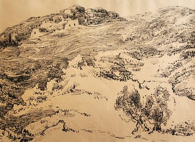 ליאופולד קרקואר (1890-1954), עבודה דו-צדדית, פחם על נייר, בתים בנוף, 73X53ס"מ, חתום. אייכותי 