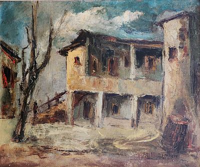 שמואל עובדיהו (1892-1963), שמן על בד, בתים בנוף, 56X48ס"מ, חתום.
