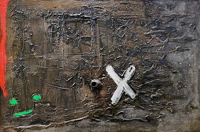 יגאל תומרקין (1933-2021), שמן ומתכת על בד, X עם קו אדום וחיוך, 54X80ס"מ, חתום. נמכר בעבר בתירוש.