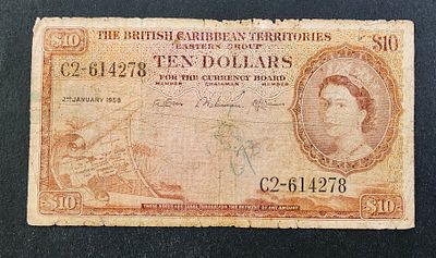 הטריטוריות הבריטיות בקריביים- BRITISH CARIBBEAN TERRITORIES- פיק 10, עריך של 10 דולר, 1958, מצב 