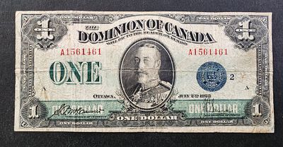 קנדה- CANADA- עריך דל 1 דולר, 1923, מצב F-VF. המלך ג'ורג ה-V.