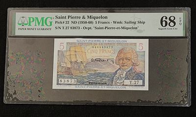 סנט פייר ומיקלון- SAINT PIERRE & MIQUELON- פיק 22, עריך של 5 פראנק, 1950-60, מצב UNC. מדורג PMG 