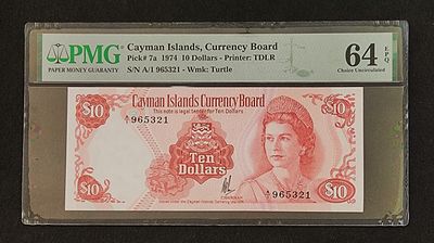 איי קיימן- CAYMAN ISLANDS- פיק 7a, עריך של 10 דולר, 1974, מצב UNC. מדורג PMG 64 EPQ. המלכה 