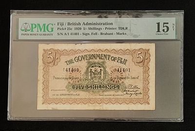 פיג'י- FIJI- פיק 25c, עריך של 5 שילינג, 1920, מצב F-VF. מדיר! מדורג PMG 15.