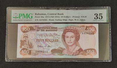 בהמאס- BAHAMAS - פיק 48a, עריך של 50 דולר, 1974, מצב VF. מדורג PMG 35. המלכה אליזבת ה-II.