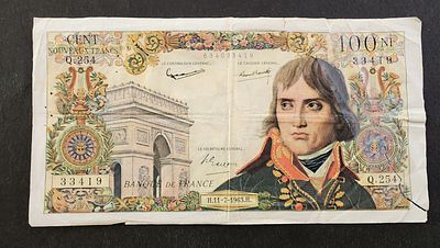 צרפת- FRANCE- פיק 144, עריך של 100 פראנק, 1963, מצב VF עם קרע. נפוליאון בונפרטה.