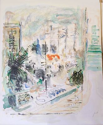 יחזקאל שטרייכמן (1906-1993), נוף עירוני, 85X72ס"מ, חתום, E/A. חריג בגודלו!