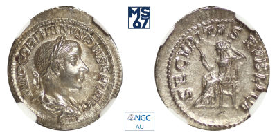 Денарий. Гордиан III. 238-244 гг. н. э. В слабе NGC AU. Серебро.