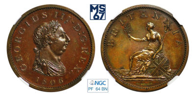 1 пенни 1806. В слабе NGC PF 64 BN. Медь. Великобритания. Сохо