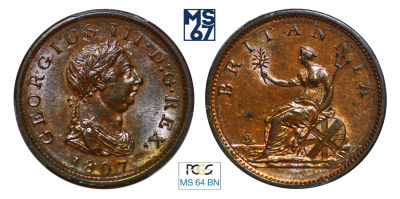 1 пенни 1807. В слабе PCGS MS 64 BN. Великобритания.