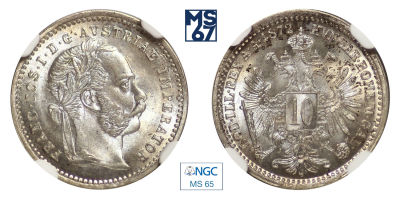 10 крейцеров 1872. В слабе NGC MS 65. Серебро. Австрия.