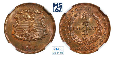 1/2 цента 1891. H. В слабе NGC MS 64 RB. Британское Северное Борнео.