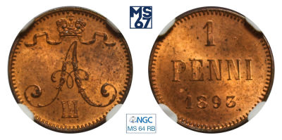 1 пенни 1893. В слабе NGC MS 64 RB. Медь. Гурт гладкий. Биткин 256.