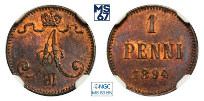 1 пенни 1894. В слабе NGC MS 63 BN. Медь. Гурт гладкий. Биткин 257.