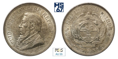2,5 шиллинга 1896. В слабе PCGS AU 55. Серебро. ЮАР.