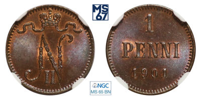 1 пенни 1901. В слабе NGC MS 65 BN. Медь. Гурт гладкий. Биткин 462.