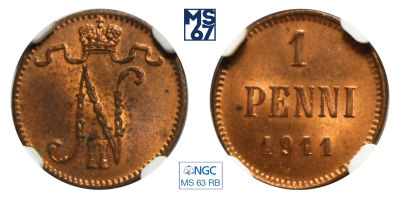 1 пенни 1911. В слабе NGC MS 63 RB. Медь. Гурт гладкий. Биткин 471.