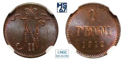 1 пенни 1912. В слабе NGC MS 65 BN. Медь. Гурт гладкий. Биткин 472.