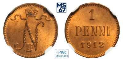 1 пенни 1912. В слабе NGC MS 63 RB. Медь. Гурт гладкий. Биткин 472.