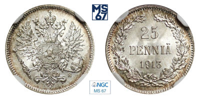 25 пенни 1913. S. В слабе NGC MS 67. Серебро. Гурт рубчатый. Биткин 419. Тираж 832 тыс.