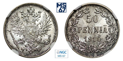 50 пенни 1914. S. В слабе NGC MS 67. Серебро. Гурт рубчатый. Биткин 405. Тираж 600 тыс.