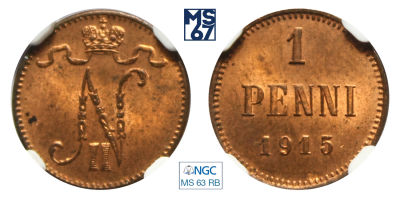 1 пенни 1915. В слабе NGC MS 63 RB. Медь. Гурт гладкий. Биткин 475.