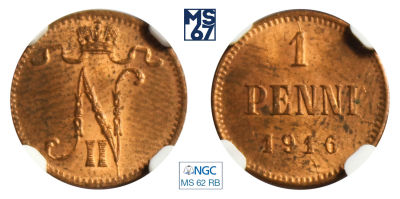1 пенни 1916. В слабе NGC MS 62 RB. Медь. Гурт гладкий. Биткин 476.