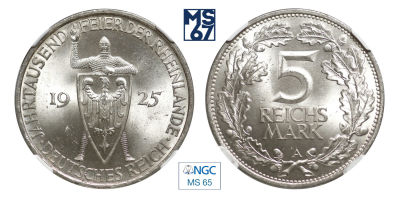 5 марок 1925. А. В слабе NGC MS 65. Серебро. Германия.
