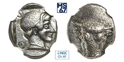 Триобол 5 в. до н.э. В слабе NGC Ch XF. Серебро. Фокида.