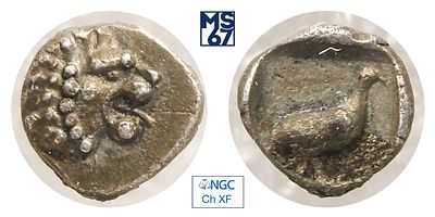 Тетартеморион 5-4 вв. до н.э. В слабе NGC Ch XF. Серебро. Кария. (0,24 гр.).