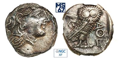 Тетрадрахма 393-294 гг. до н.э. В слабе NGC XF. Серебро. Афины.