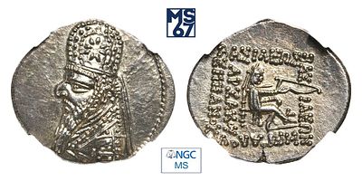 Драхма 121-91 гг. до н.э. В слабе NGC MS. Серебро. Парфянское царство.