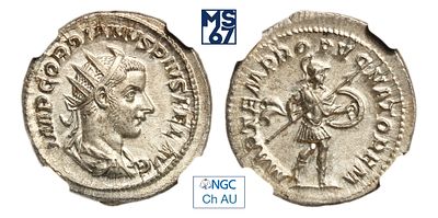Двойной денарий 238-244. В слабе NGC Ch AU. Серебро. Римская империя. Гордиан III.
