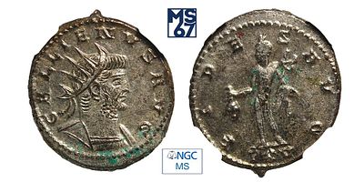 Двойной денарий 253-268. В слабе NGC MS. Серебро. Римская империя. Галлиен.