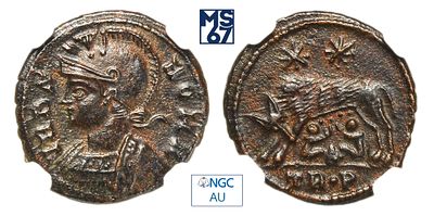 Нуммий 330-340. В слабе NGC AU. Бронза. Римская империя. Константин II.
