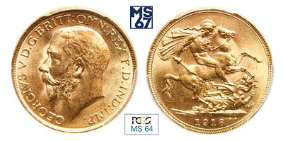 1 соверен 1918. I. В слабе PCGS MS 64. Золото. Британская Индия.