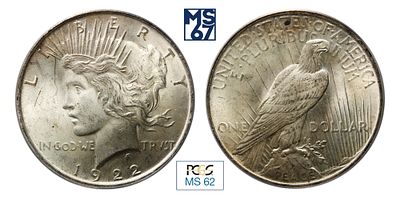 1 доллар 1922. В слабе PCGS MS 62. Серебро. Peace Dollar. США. Без отметки монетного двора.