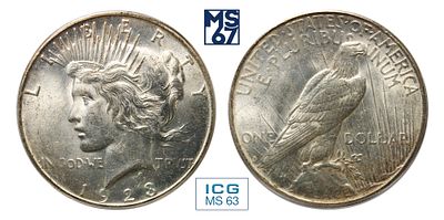 1 доллар 1923. S. В слабе ICG MS 63. Серебро. Peace Dollar. США. Сан-Франциско (S).