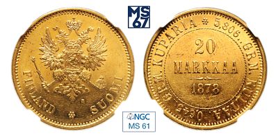20 марок 1878. S. В слабе NGC MS 61. Золото. Гурт рубчатый. Биткин # 611 (R). Тираж 235 000 шт.